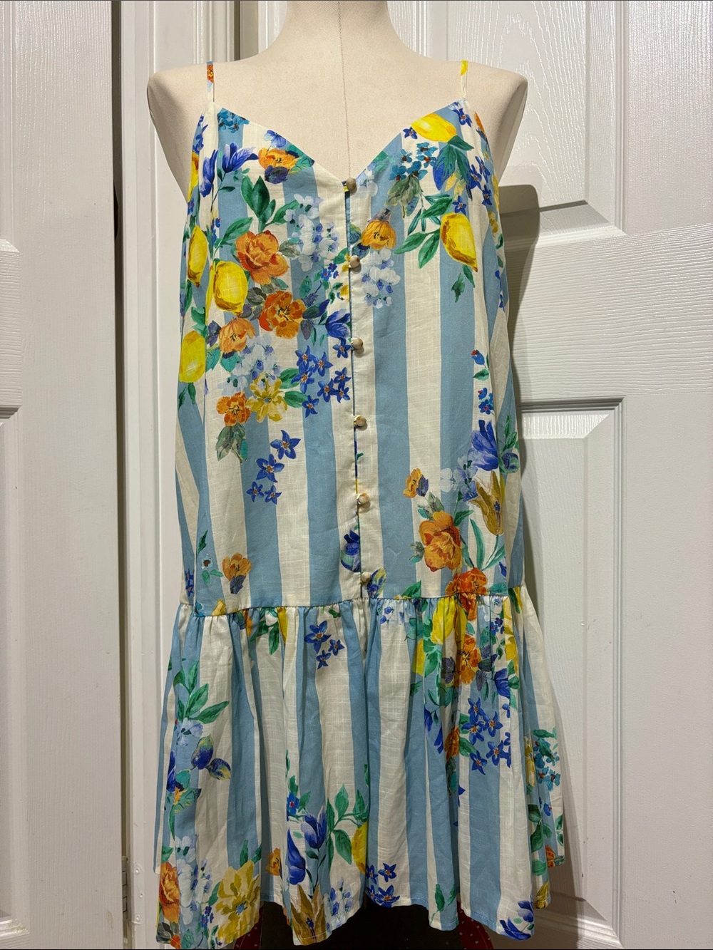 Sezane x Momoni Blue and White Striped Floral Mini Dress